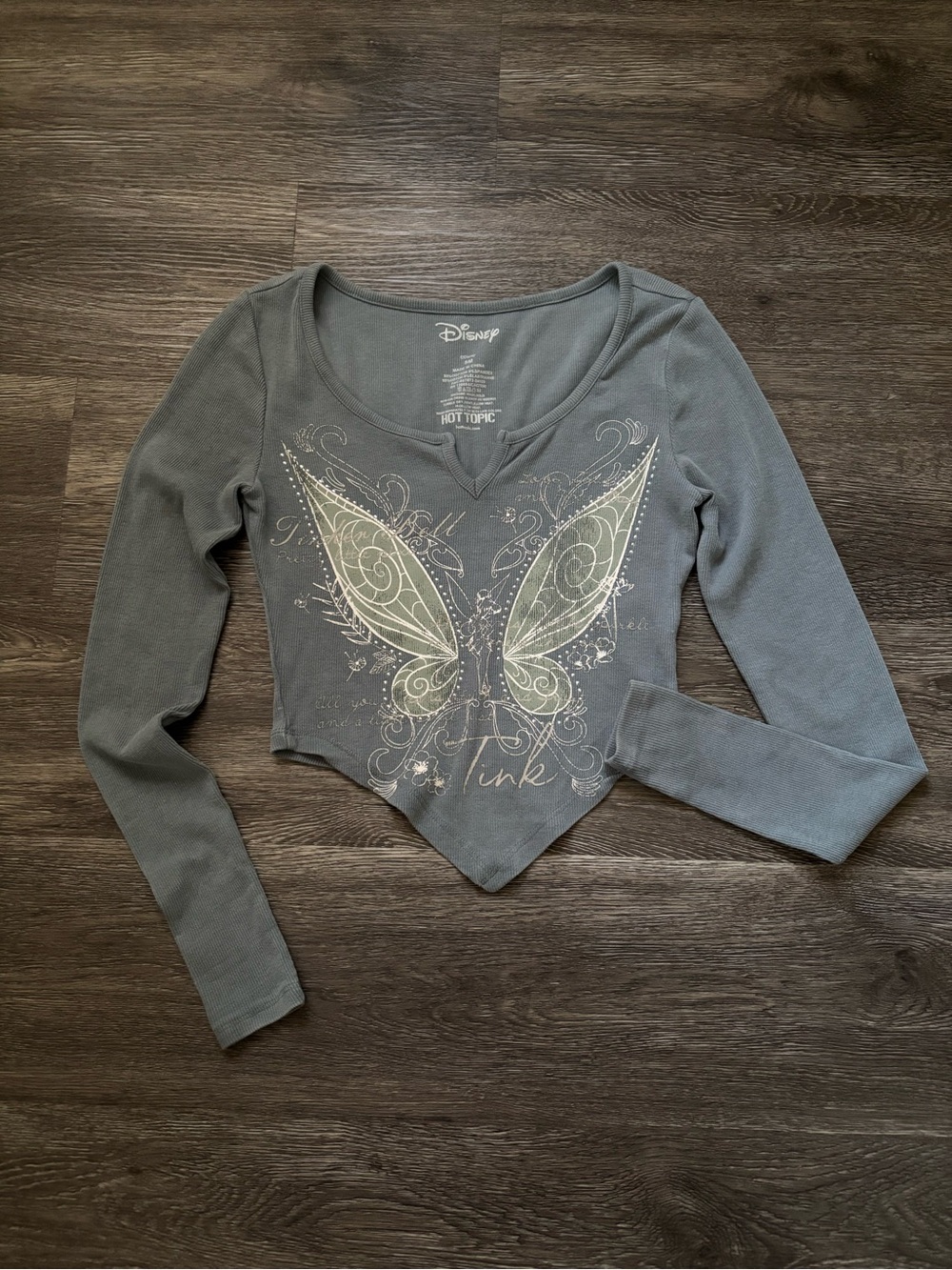 Disney Gray Long-Sleeve Cropped Top with Tinker Bell Wings